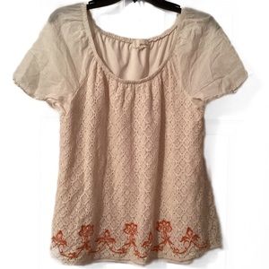 DEPT222 Size M Boho Cream Orange Embroidered Trim Blouse